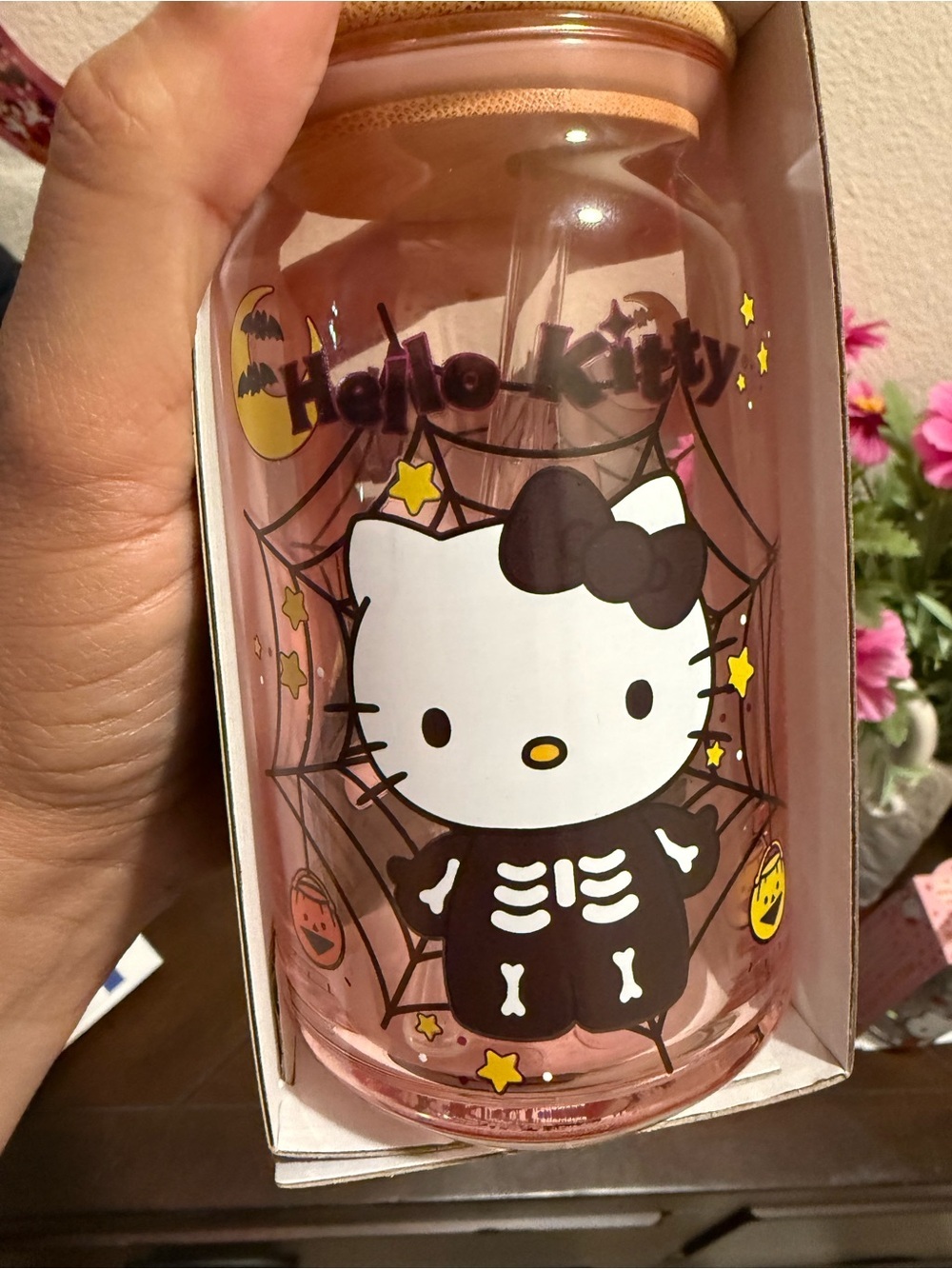 Hello Kitty Pink & Black Skeleton Glass Tumbler w/ lid & Straw- 16 oz- NWT
